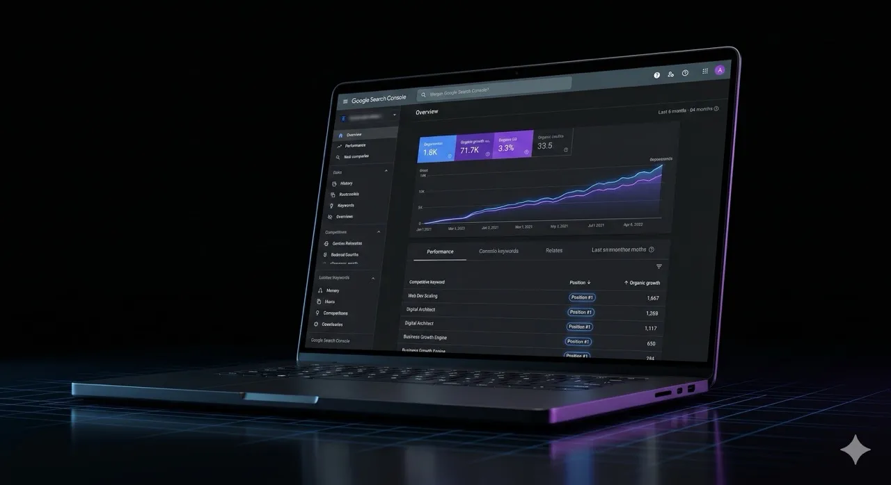 Laptop displaying search engine analytics rising